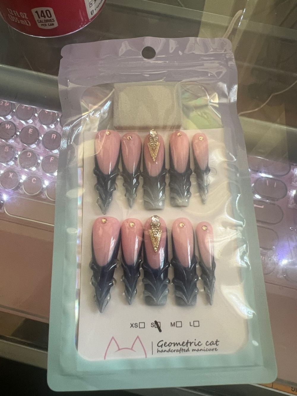 Geometric Cat Pink & Black Gothic Stiletto Press-On Nails